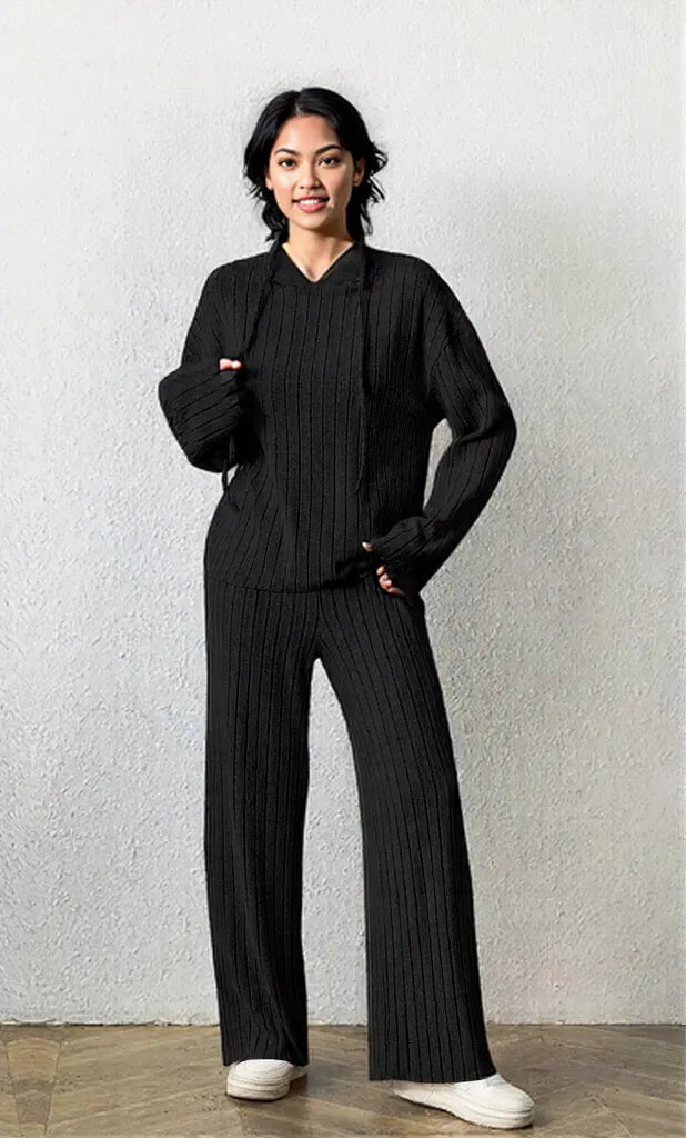 Ribbed Drawstring Hoodie and Pants Set