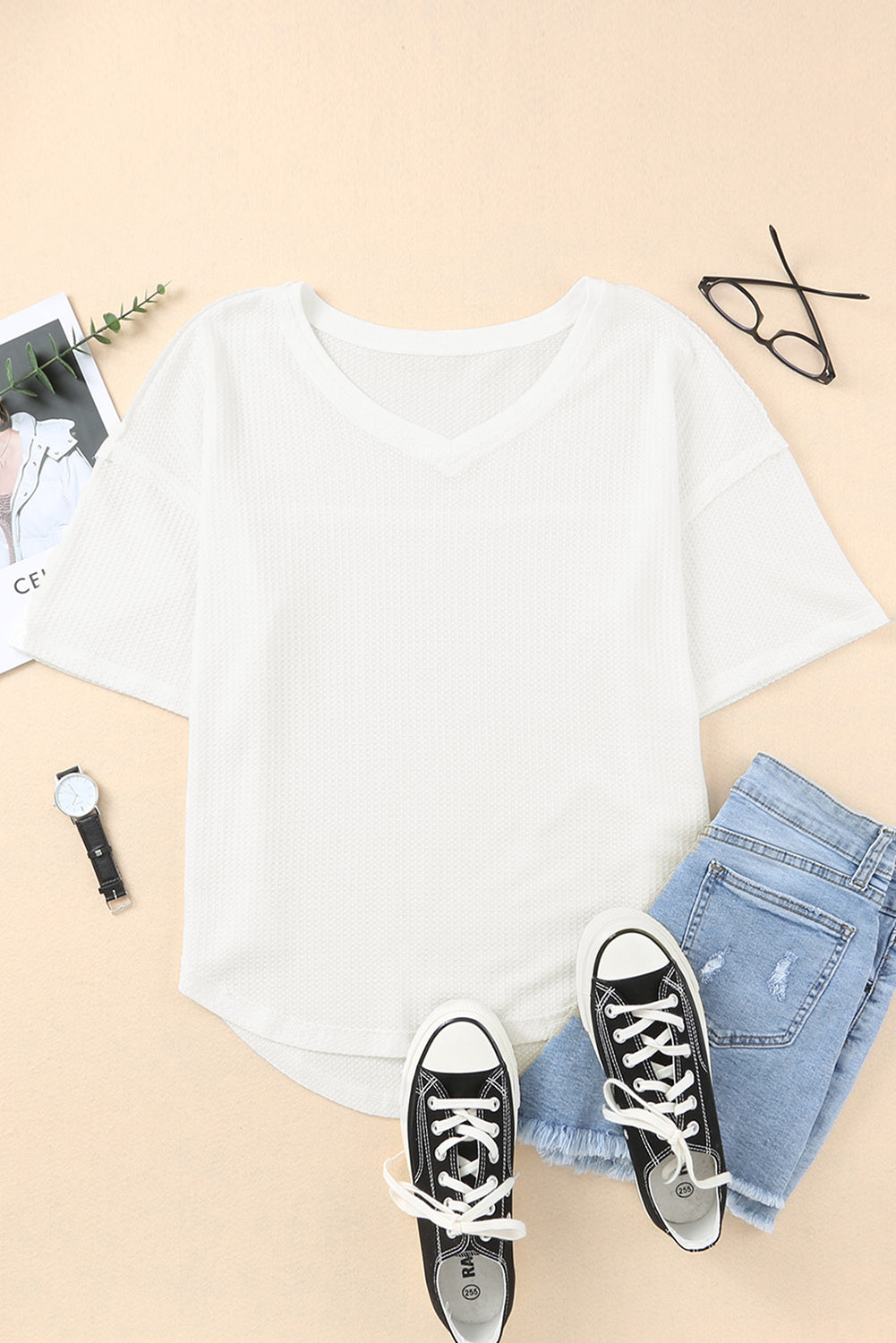 Black Waffle Knit Drop Shoulder Loose Top