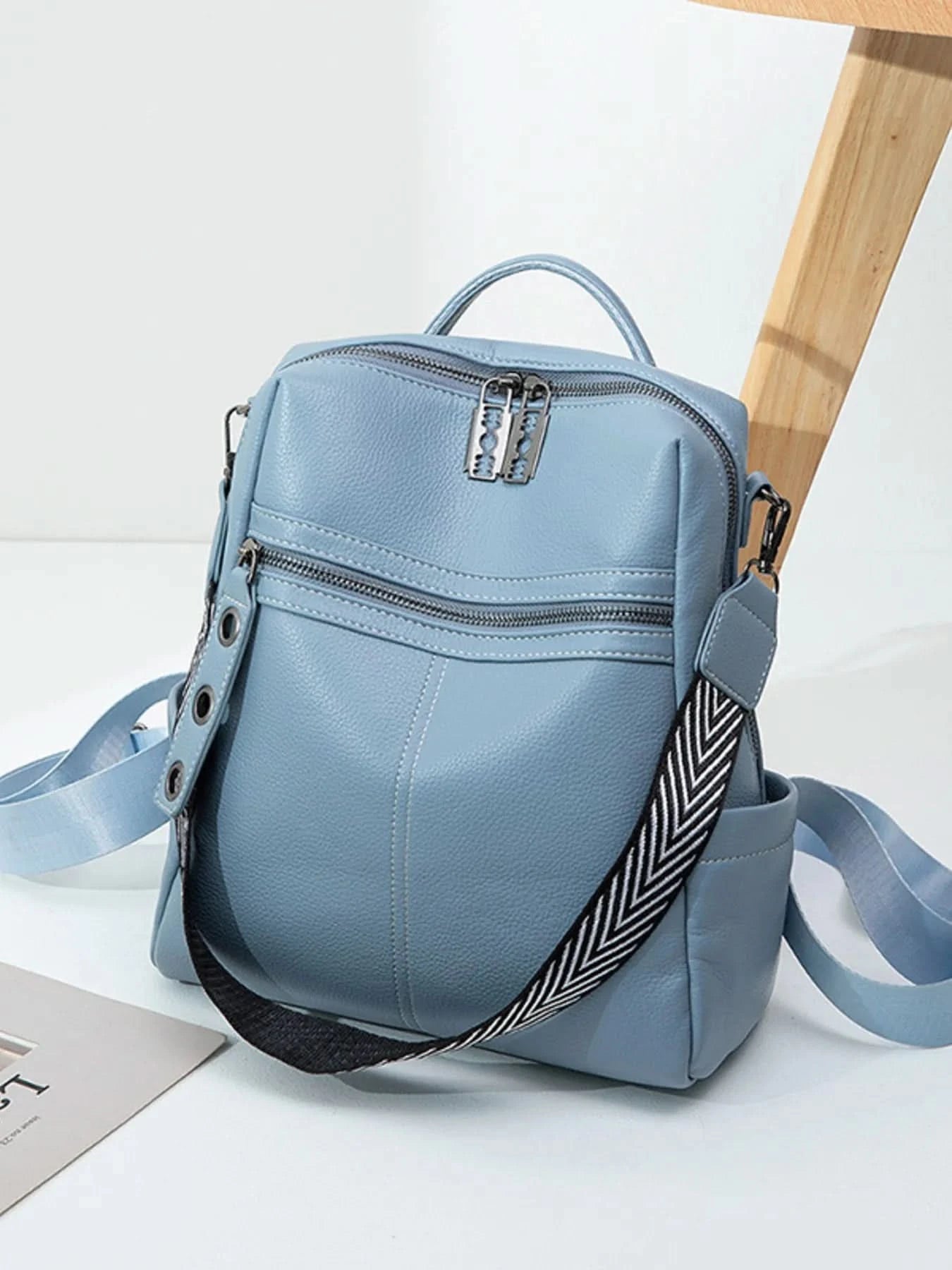 Leather Multi-Compartment Backpack Bag Blue One Size