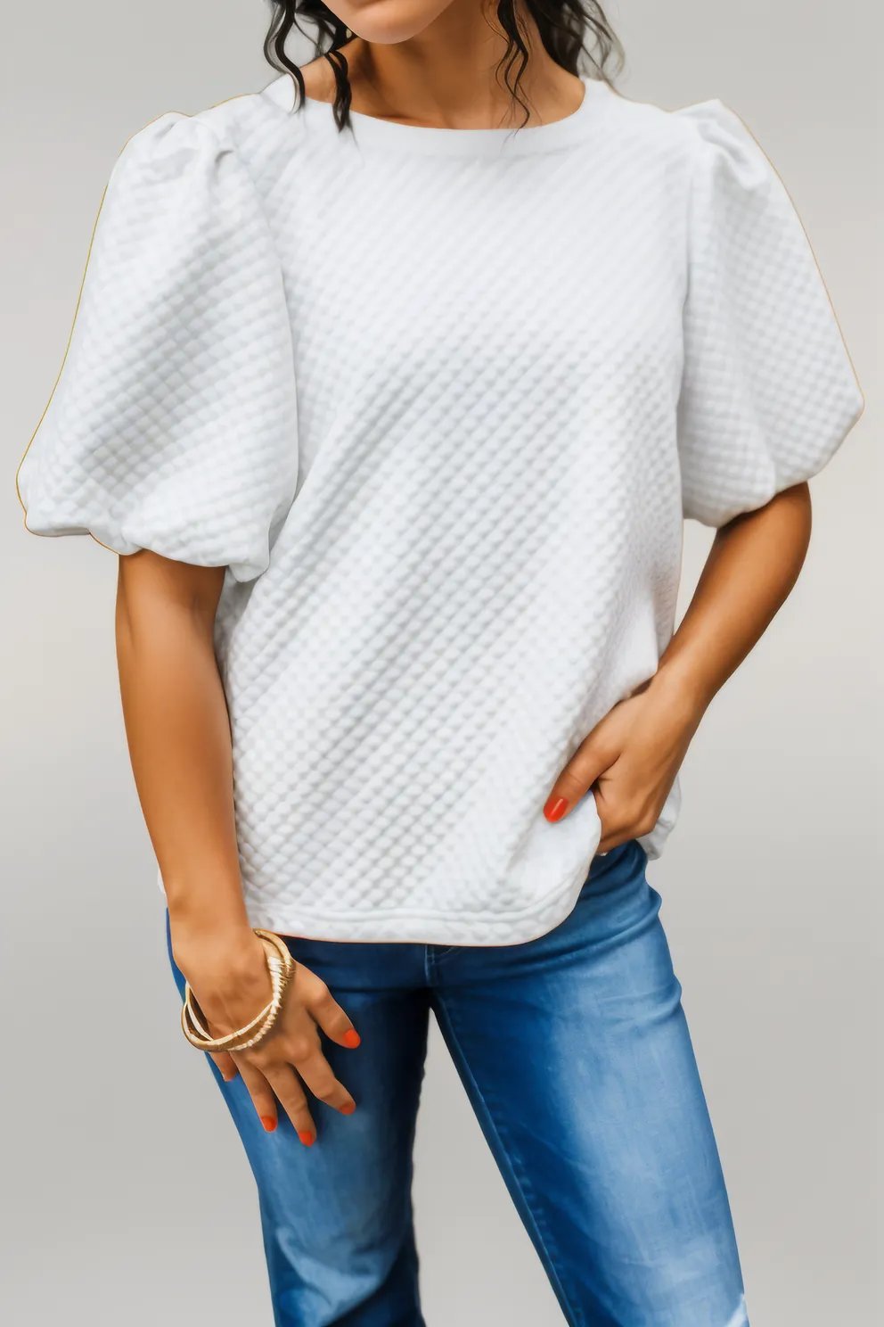 Phalaenopsis Solid Textured O Neck Puff Sleeve Blouse White 97%Polyester+3%Elastane
