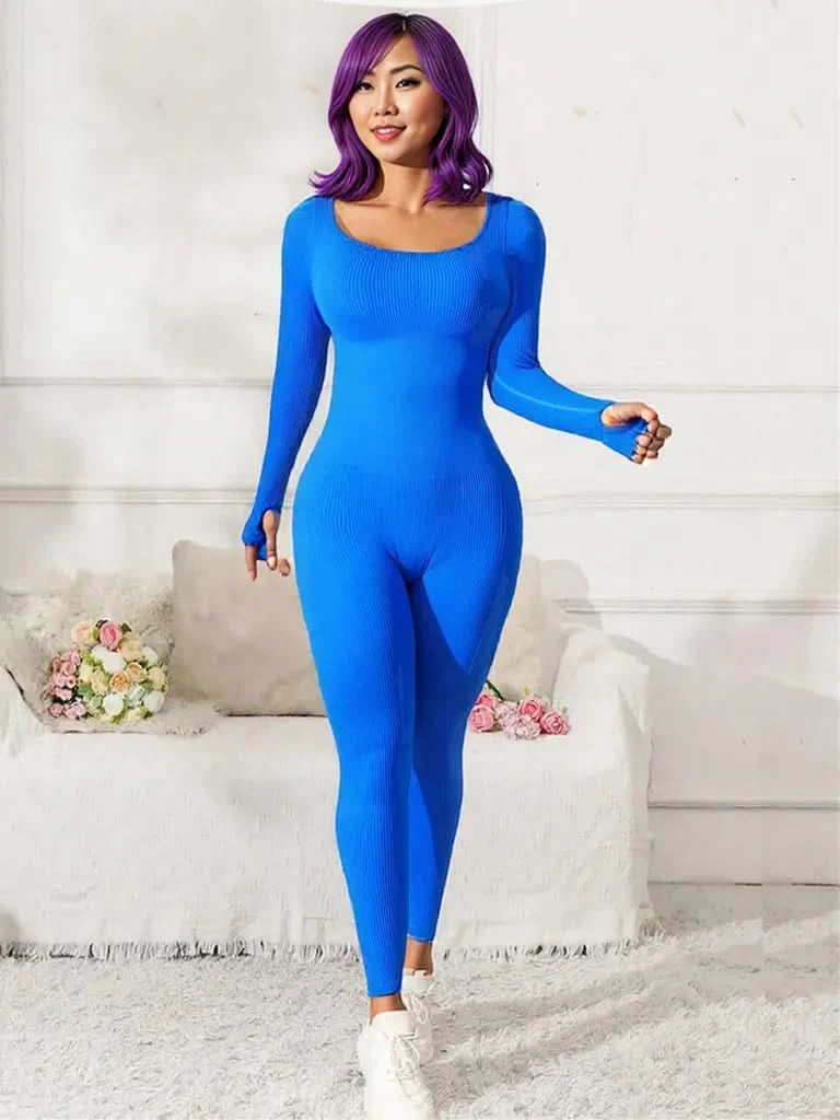 Scoop Neck Long Sleeve Active Jumpsuit Royal Blue