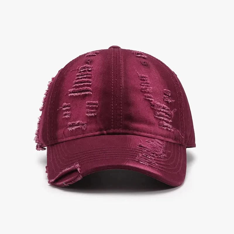 Distressed Adjustable Cotton Baseball Cap Burgundy One Size