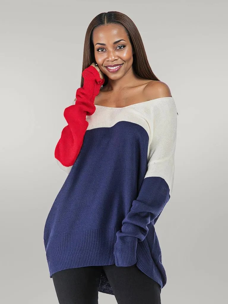 Perfee Contrast V-Neck Long Sleeve Knit Top
