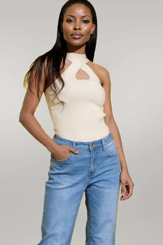And The Why Basic Rib Cross Halter Neck Tank Top