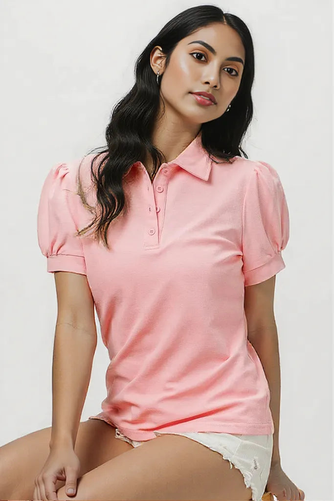 BiBi Short Puff Sleeve Pique Shirt BLUSH