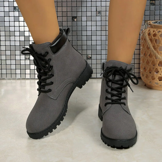 Lace Up Block Heel Boots Gray