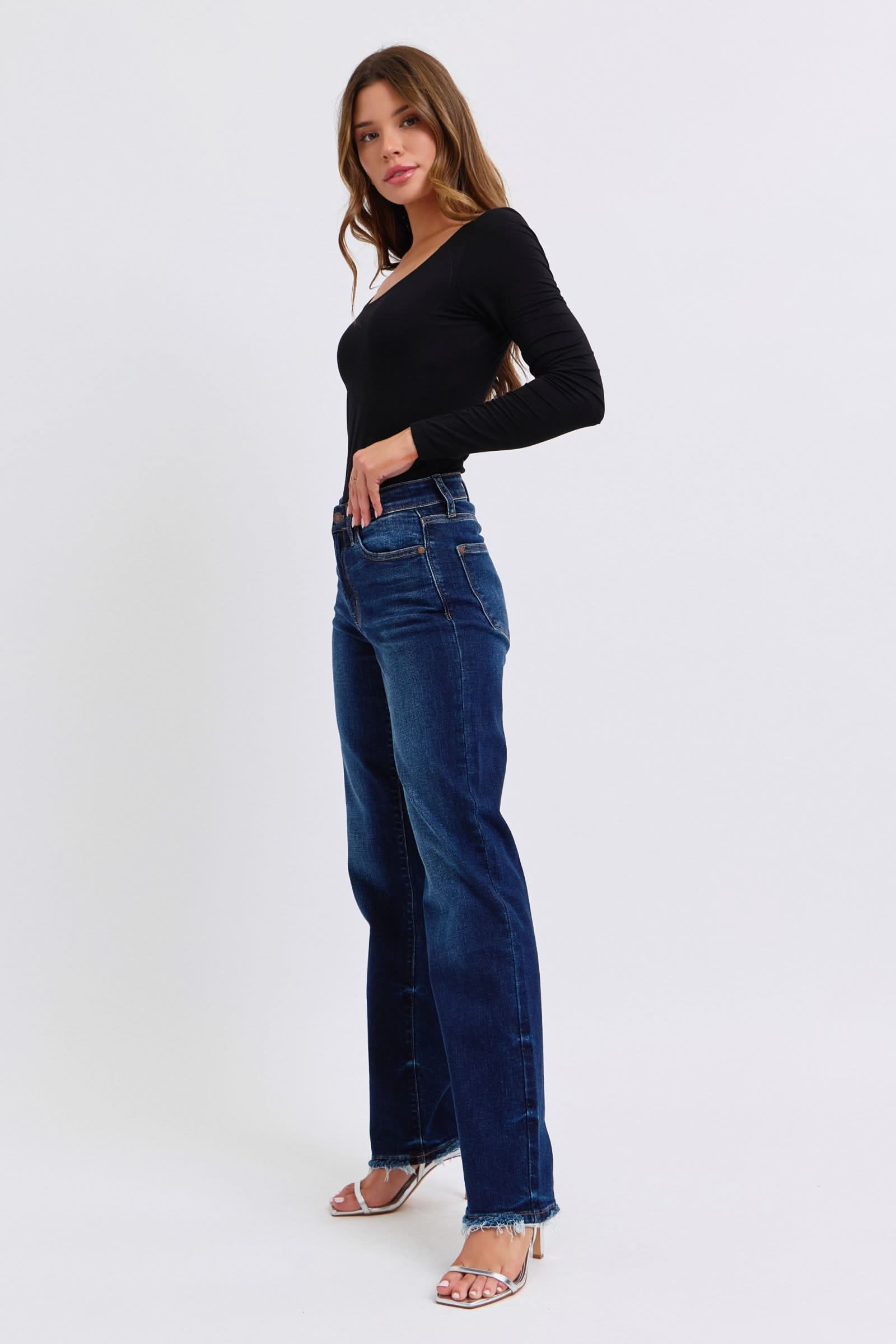 Judy Blue Full Size Raw Hem Straight Leg Jeans Dark