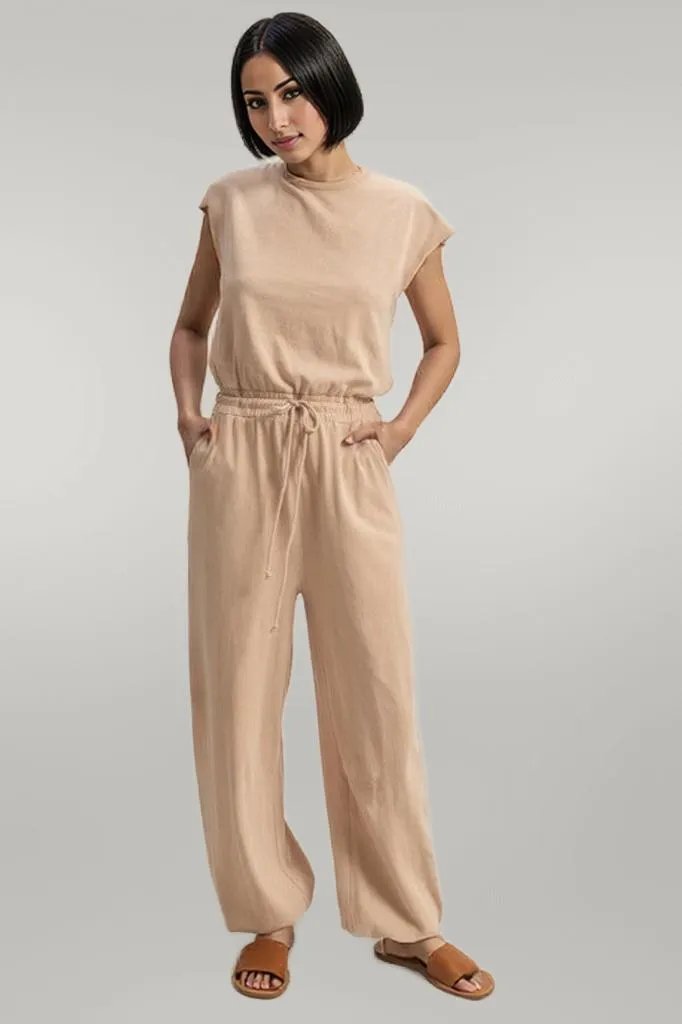 HYFVE Back Keyhole Round Neck Cap Sleeve Drawstring Jumpsuit