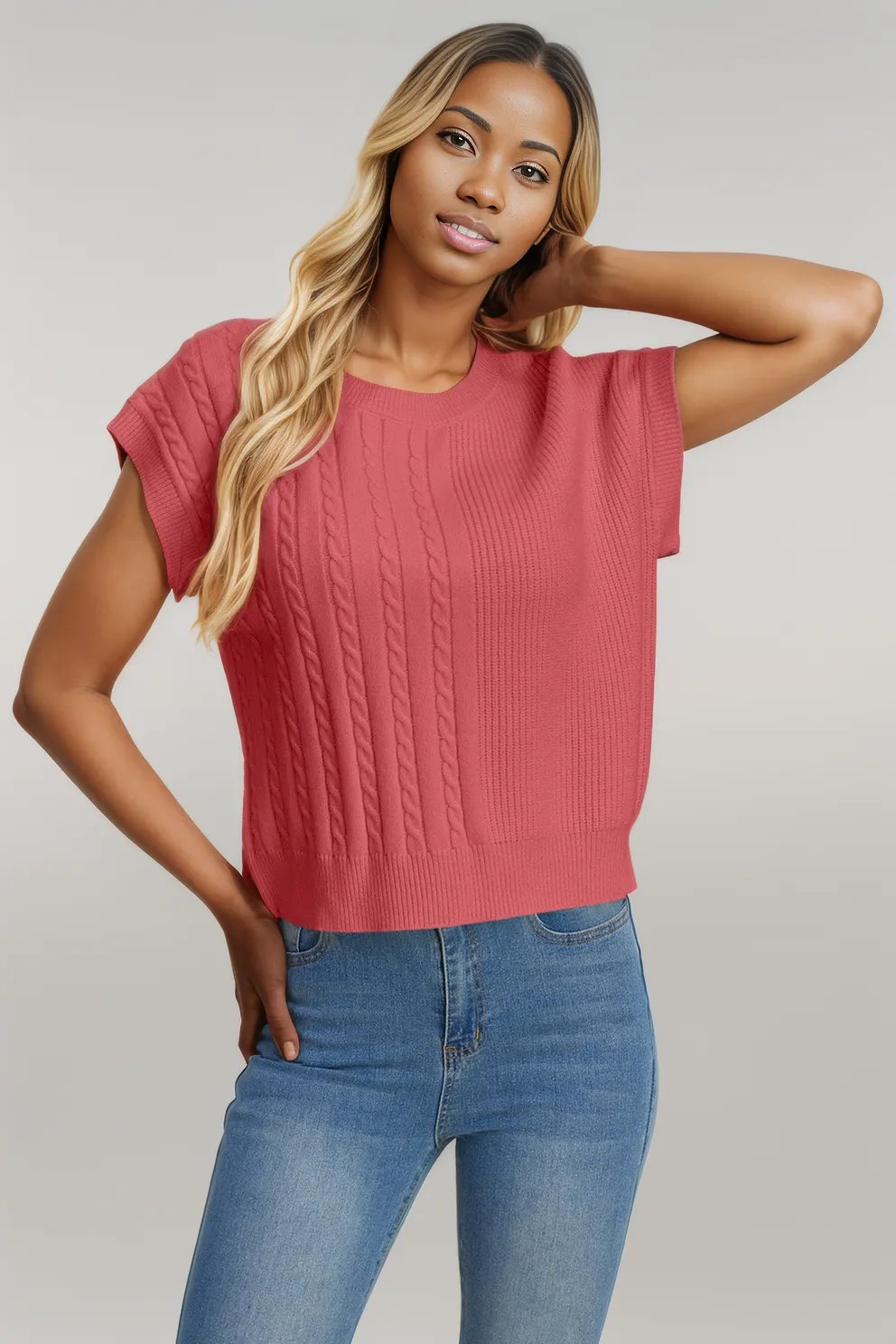 Double Take Full Size Cable-Knit Round Neck Short Sleeve Sweater