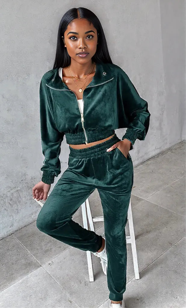 Zip Up Long Sleeve Cropped Top and Joggers Set