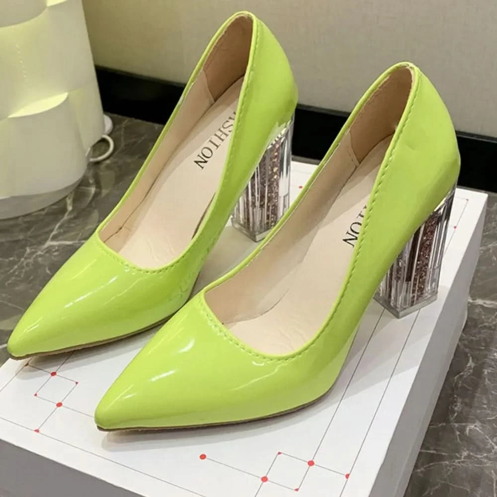 Point Toe Block Heels Pumps Green