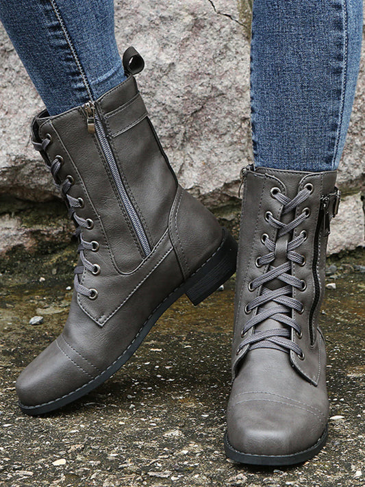 Lace-Up Boots with Side Zipper Gray