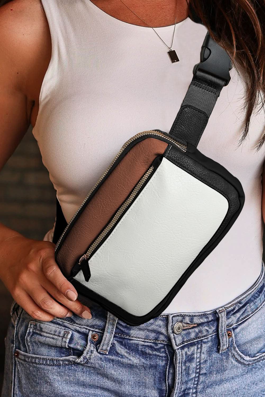 White Leather Colorblock Zipped Removable Clip Crossbody Bag White ONE SIZE PU Leather