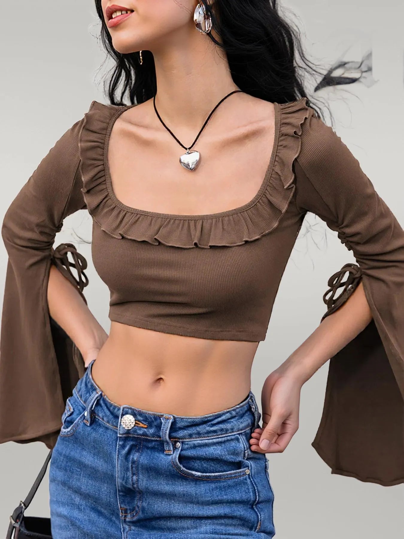 Ruffled Square Neck Long Sleeve Top