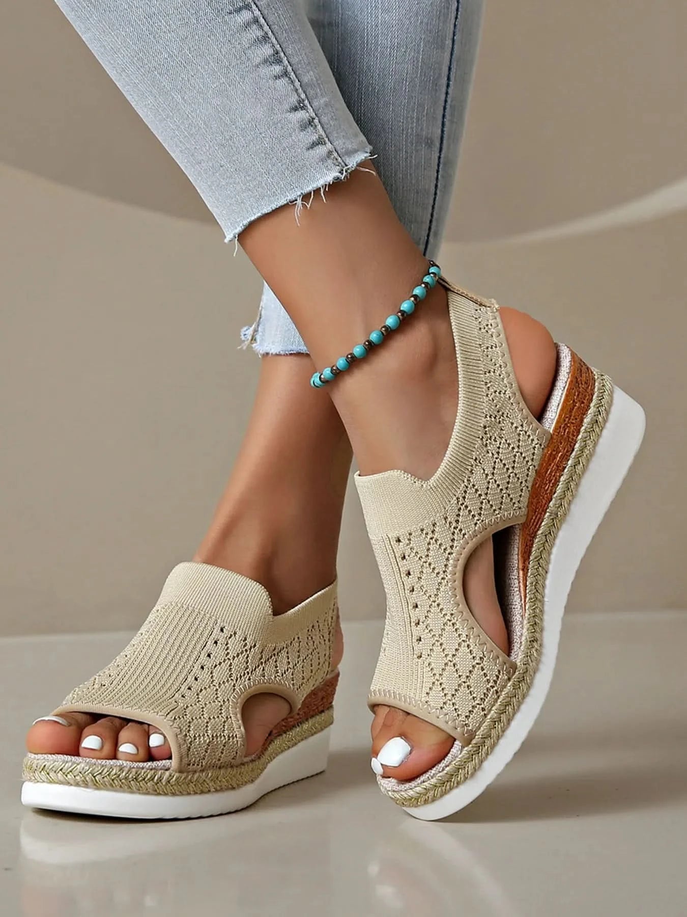 Open Toe Platform Wedge Sandals Apricot