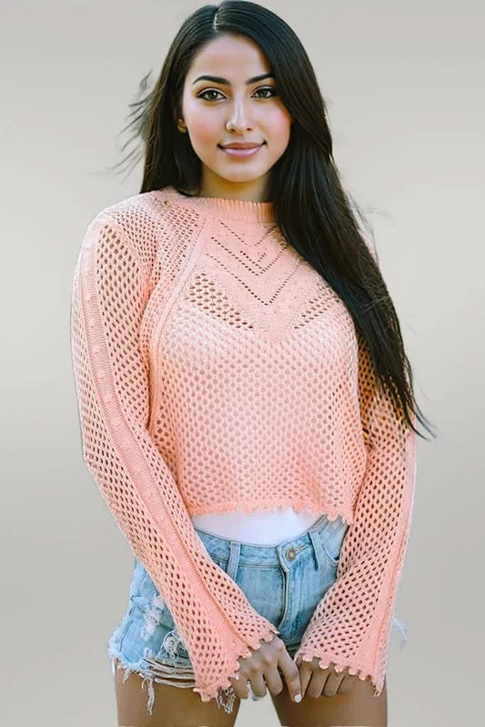 Openwork Round Neck Long Sleeve Knit Top Peach