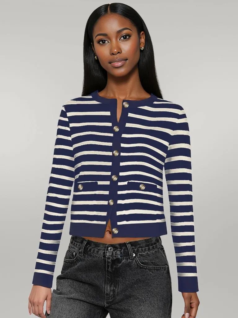 Striped Round Neck Button Up Long Sleeve Cardigan Navy