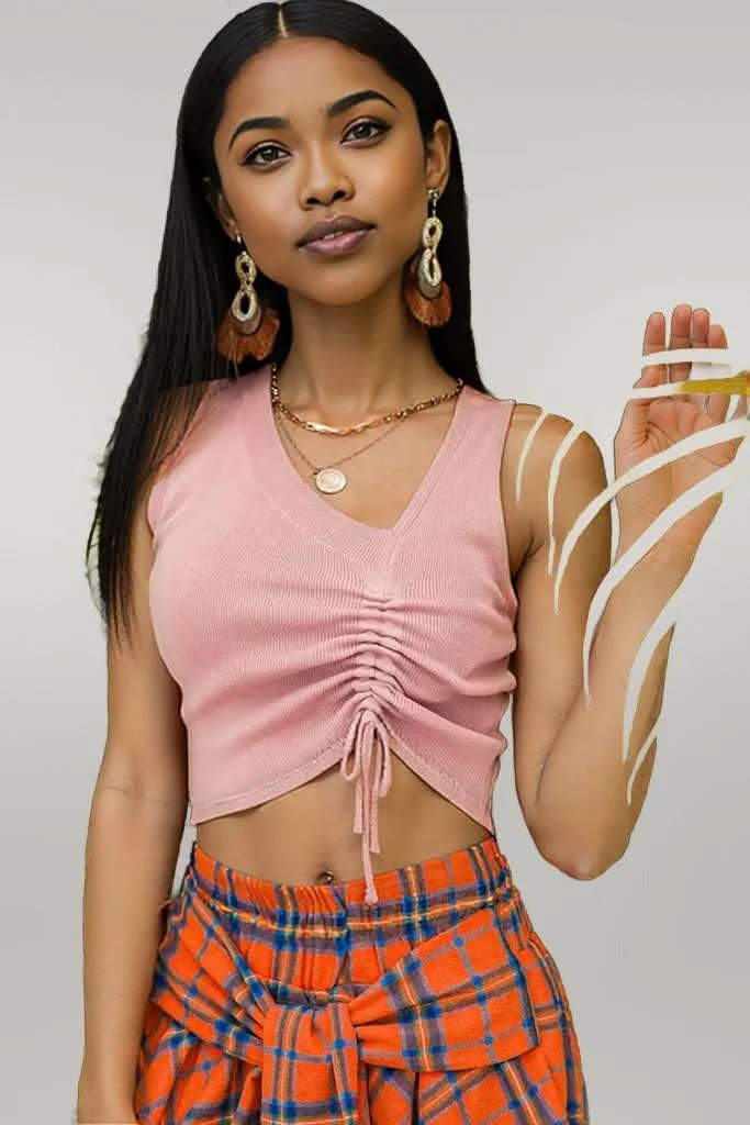 Drawstring Ruched Asymmetrical Neck Cropped Knit Top Blush Pink One Size