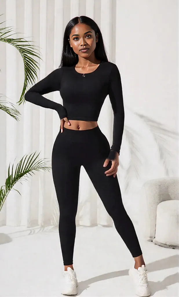 Lace-Up Back Round Neck Top and Leggings Active Set Black