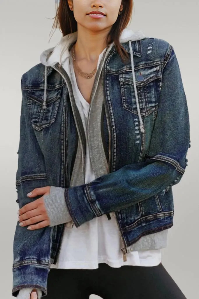 Two-Piece Hooded Zip-Up Denim Jacket Dark Blue