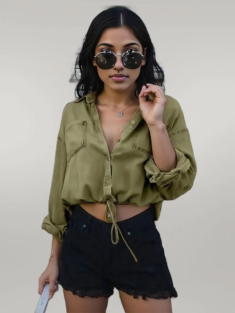 Drawstring Pocketed Button Up Denim Top Matcha Green