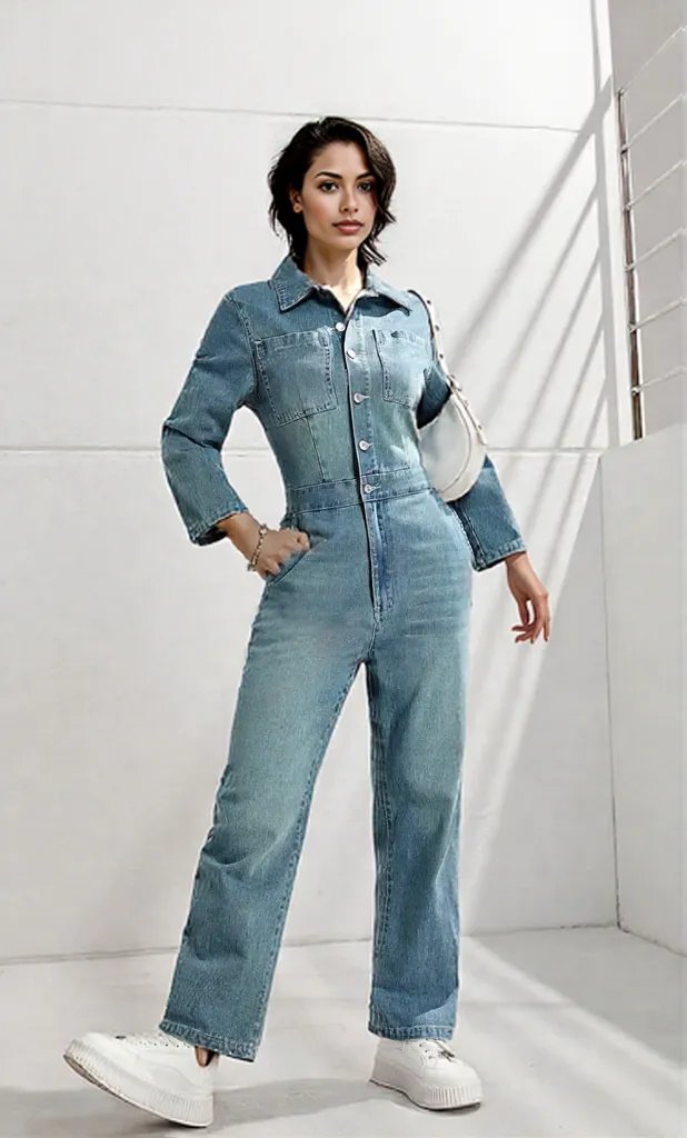 Half Button Long Sleeve Straight Leg Denim Jumpsuit