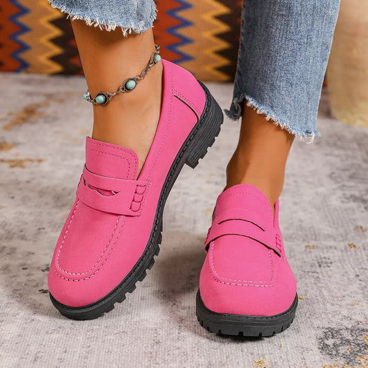 Round Toe Block Heels Loafers Rose Red