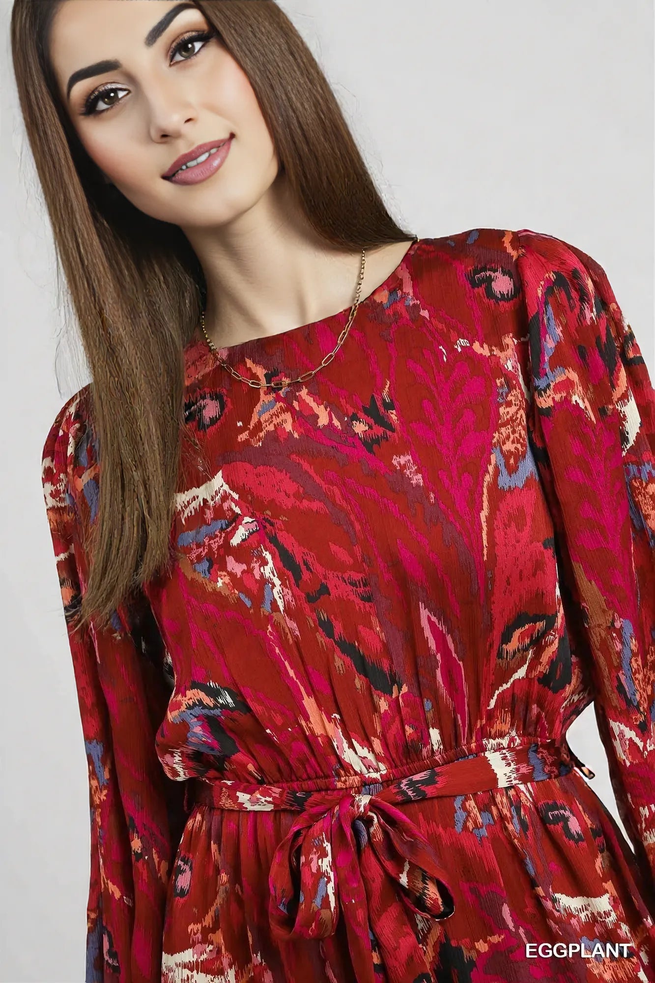 Umgee Ruffled Hem Printed Balloon Sleeve Dress