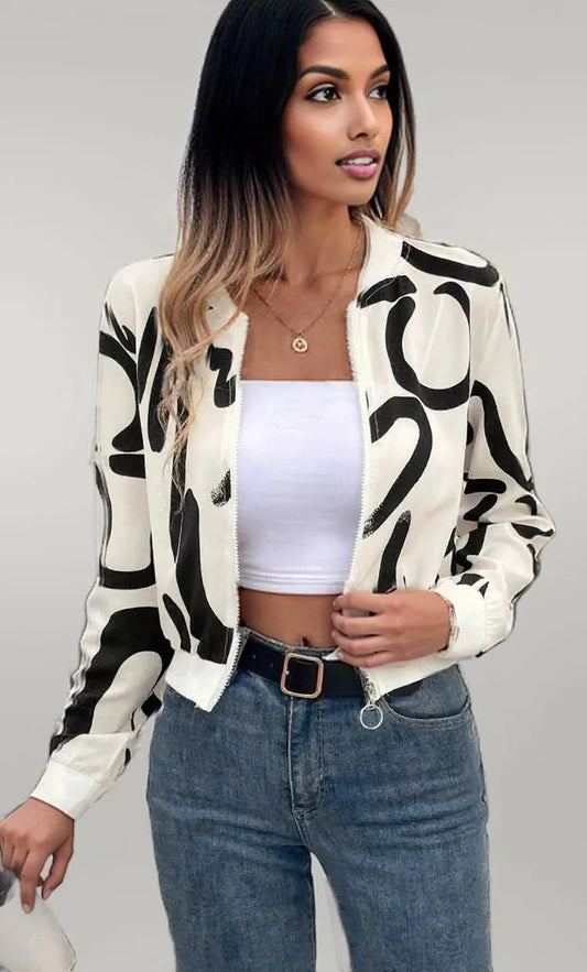 Number Print Zip Up Jacket Apricot
