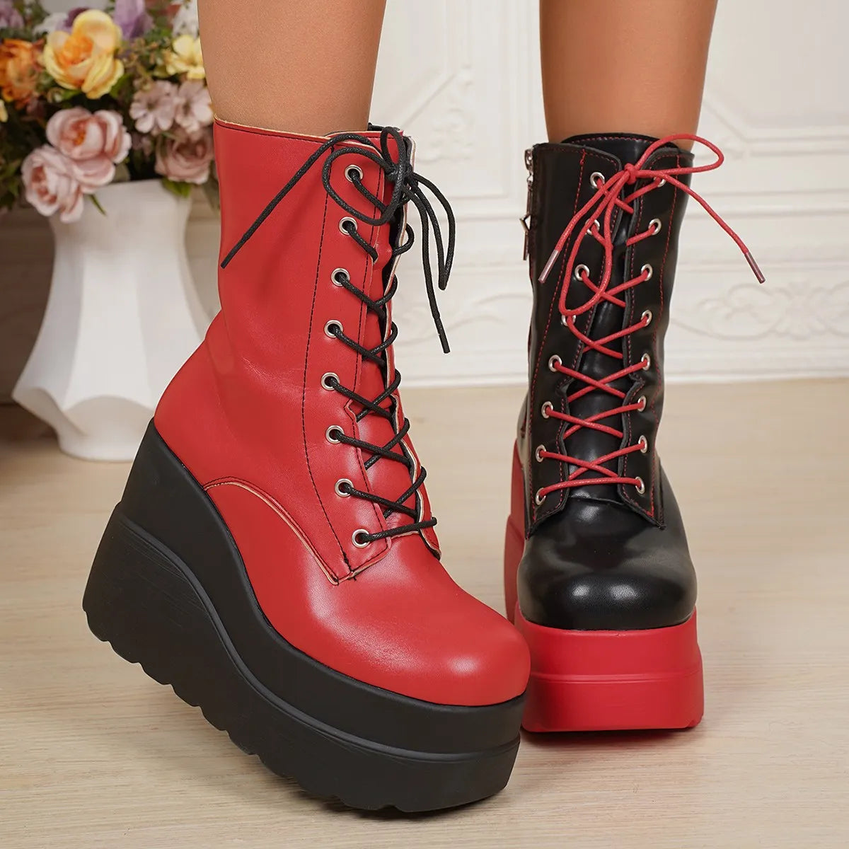 Color Block Platform Wedge Boots