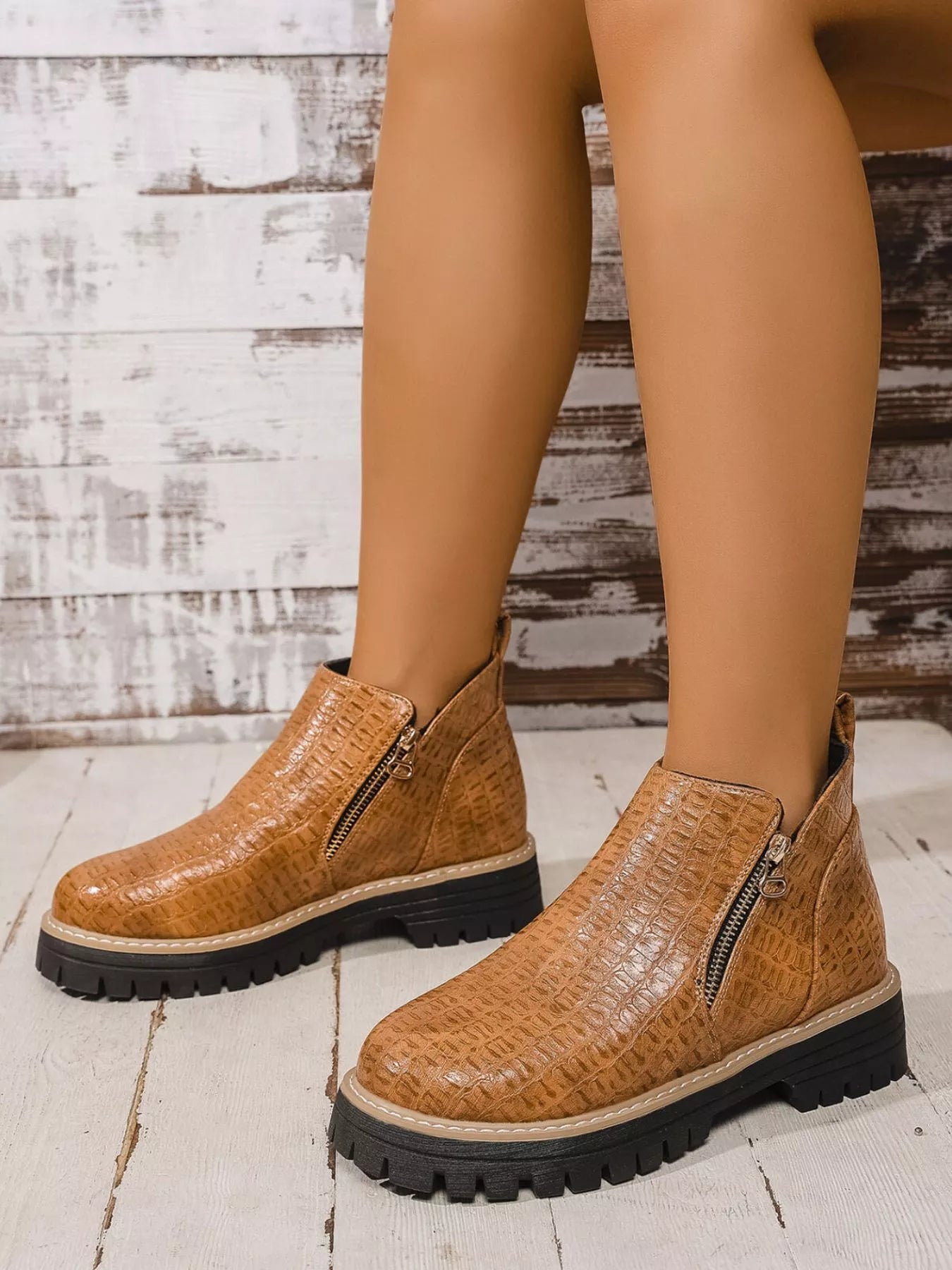 Round Toe Side Zip Ankle Boots Orange