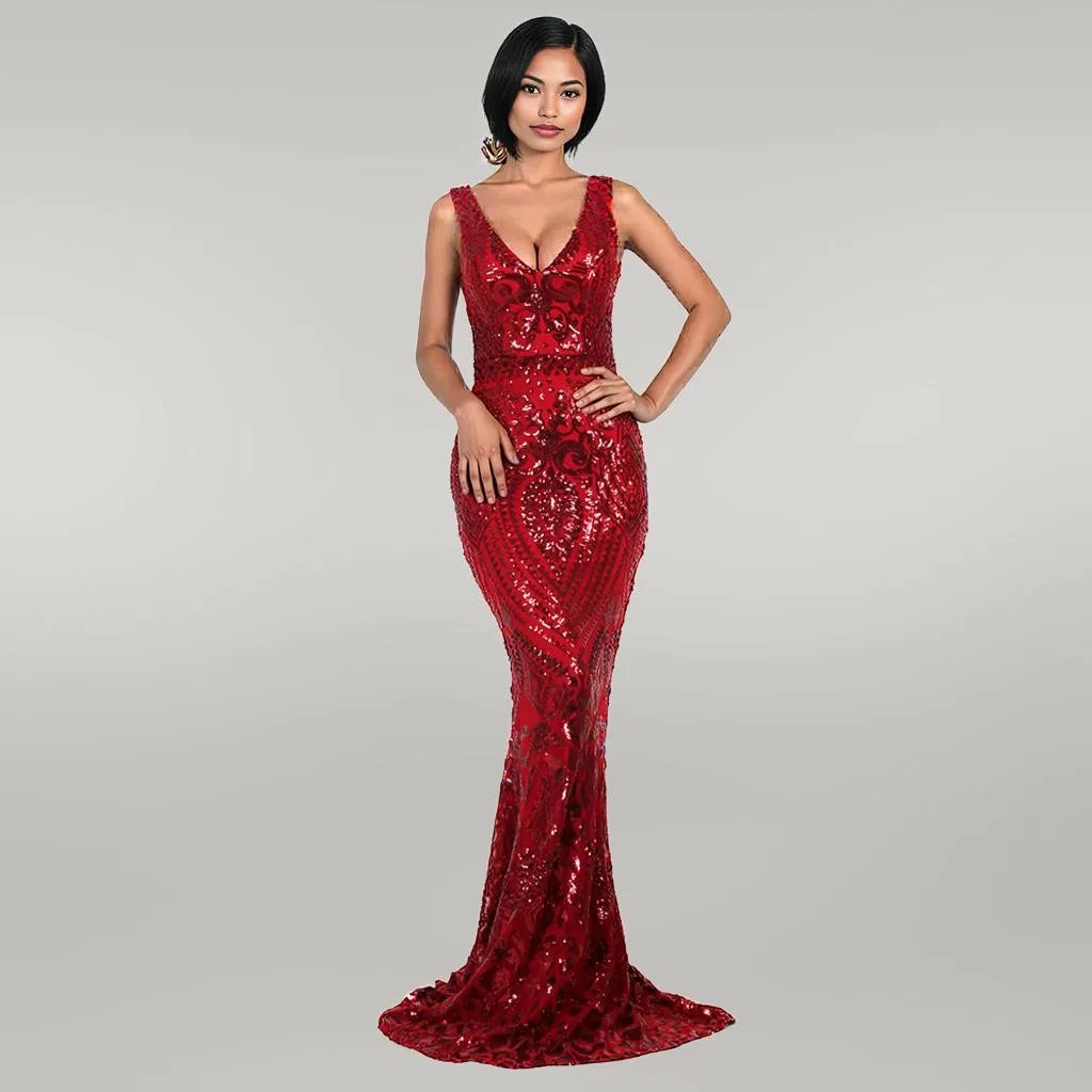 V-neck Sleeveless Sequined Geometric Abstract Vintage Backless Formal Gown