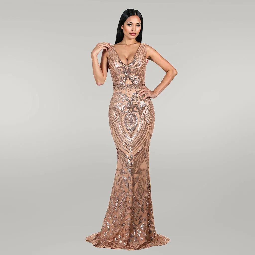 V-neck Sleeveless Sequined Geometric Abstract Vintage Backless Formal Gown