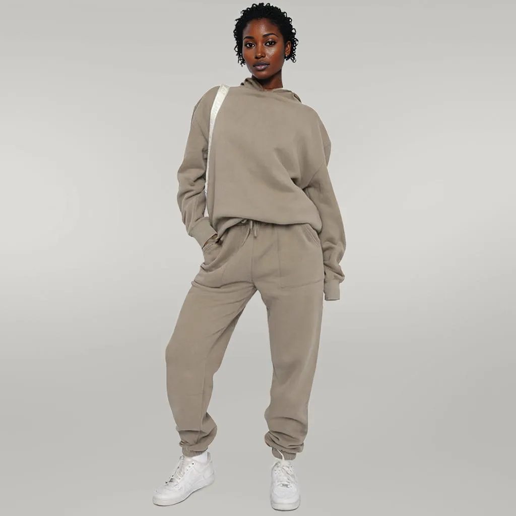 Solid Color Hooded Sweater Pants Set Women