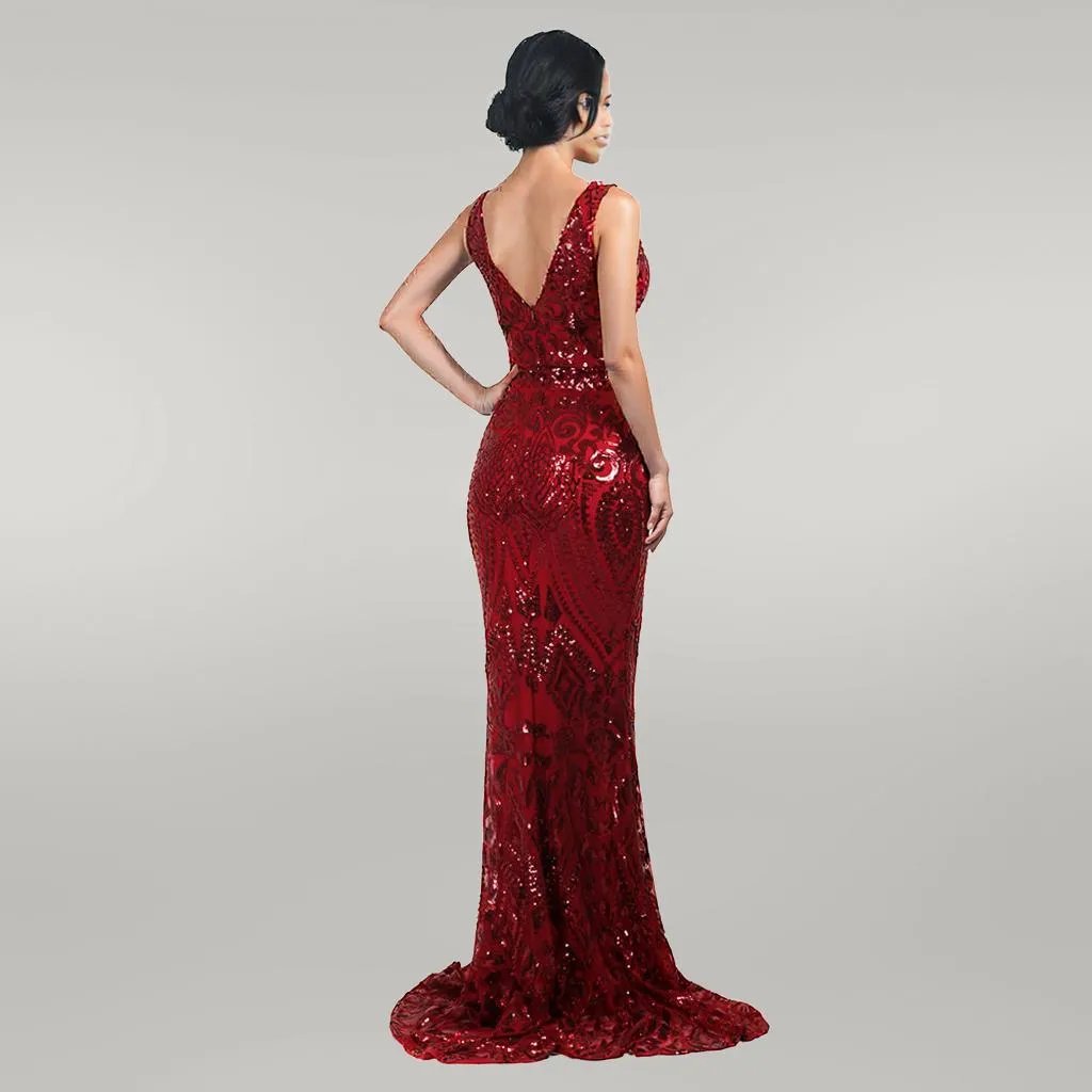V-neck Sleeveless Sequined Geometric Abstract Vintage Backless Formal Gown