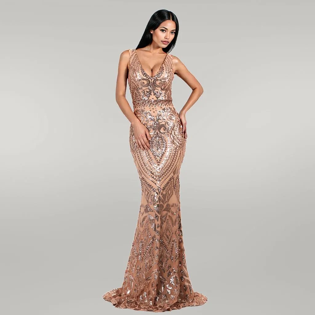 V-neck Sleeveless Sequined Geometric Abstract Vintage Backless Formal Gown