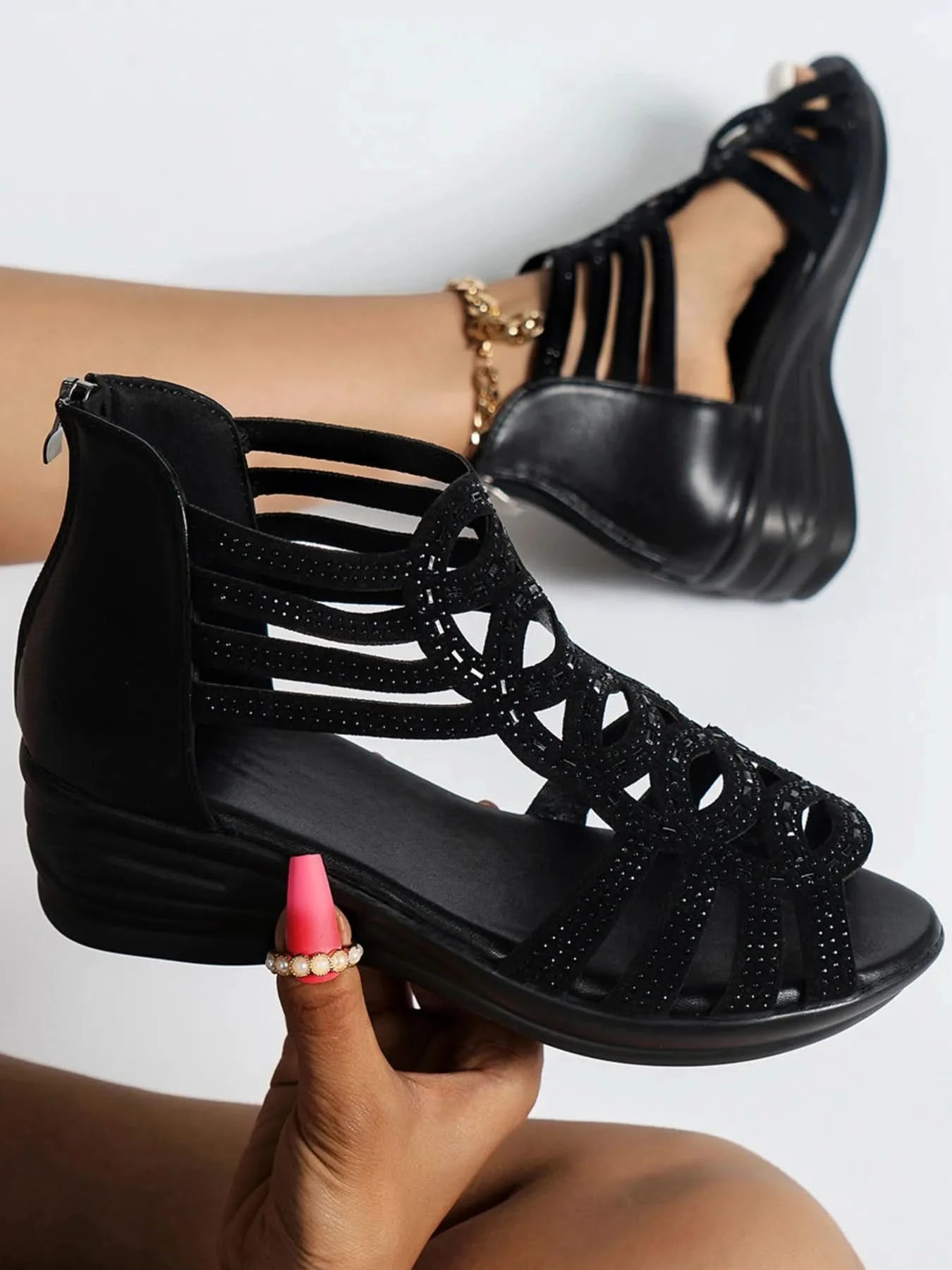 Strappy Wedge Sandals with Rhinestone Details