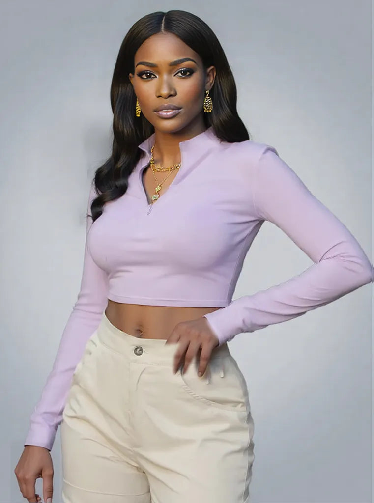 Half Zip Long Sleeve Crop T-Shirt Lilac
