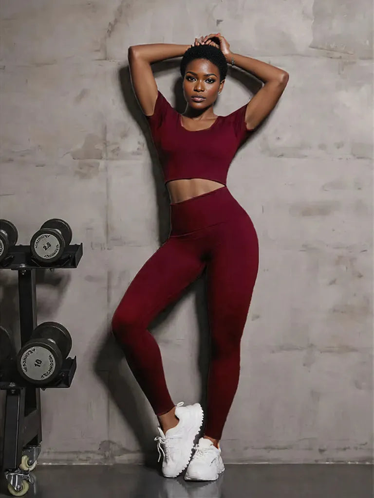Round Neck Short Sleeve Top and Leggings Active Set Burgundy