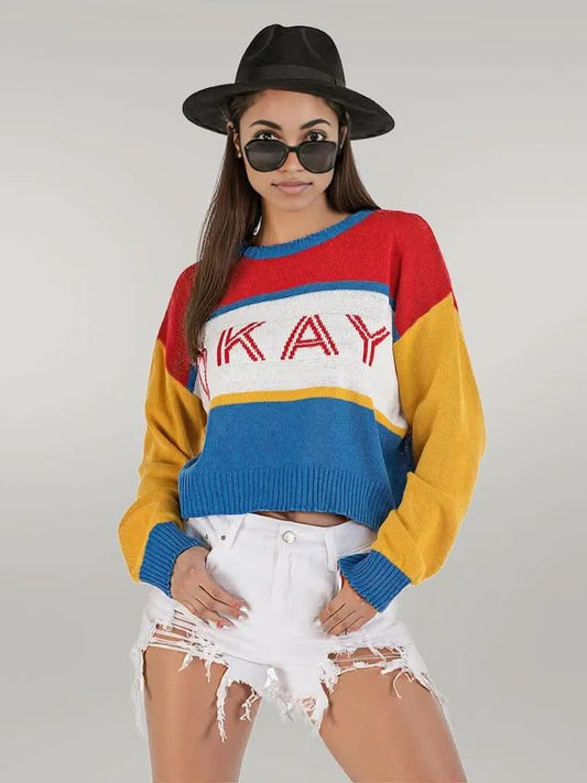 Perfee OKAY Contrast Dropped Shoulder Long Sleeve Sweater Blue