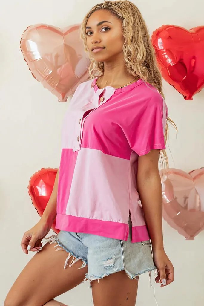 Pink Two Tone Half Buttons Collared T Shirt