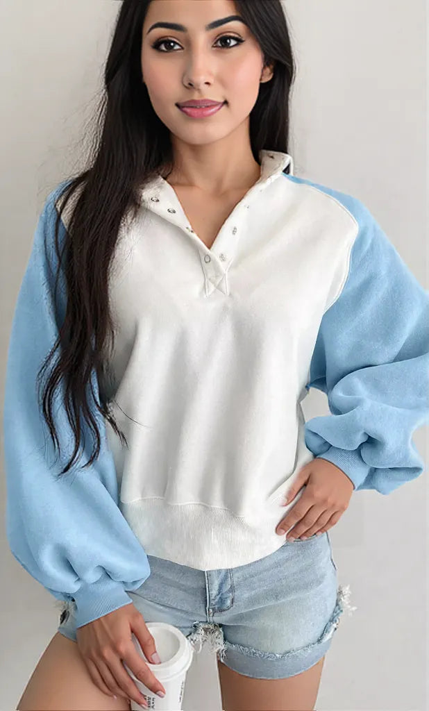 Color Block Snap Buttons Sweatshirt Pastel Blue