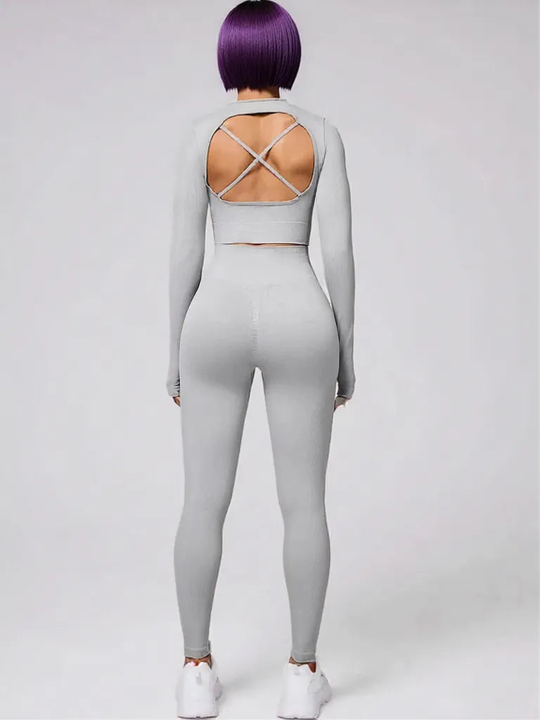 Back Crisscross Round Neck Long Sleeve Top and Leggings Active Set