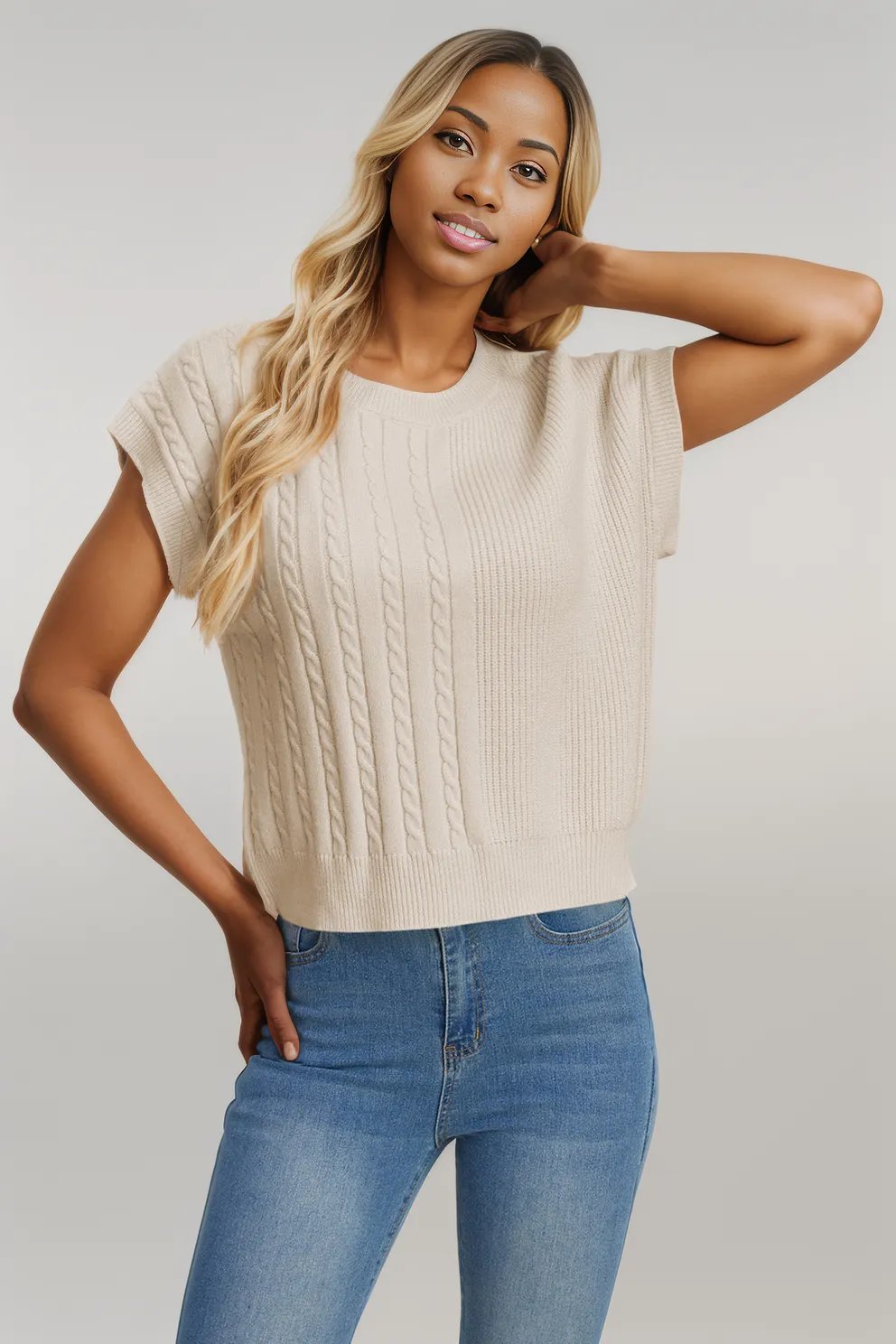Double Take Full Size Cable-Knit Round Neck Short Sleeve Sweater