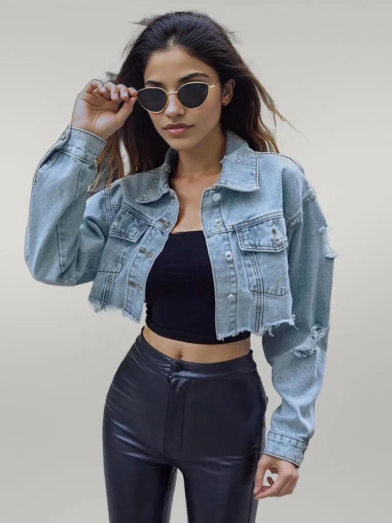 Distressed Raw Hem Cropped Denim Jacket