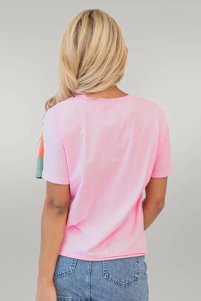 Pink Color Block Patchwork Seamed Crewneck T Shirt