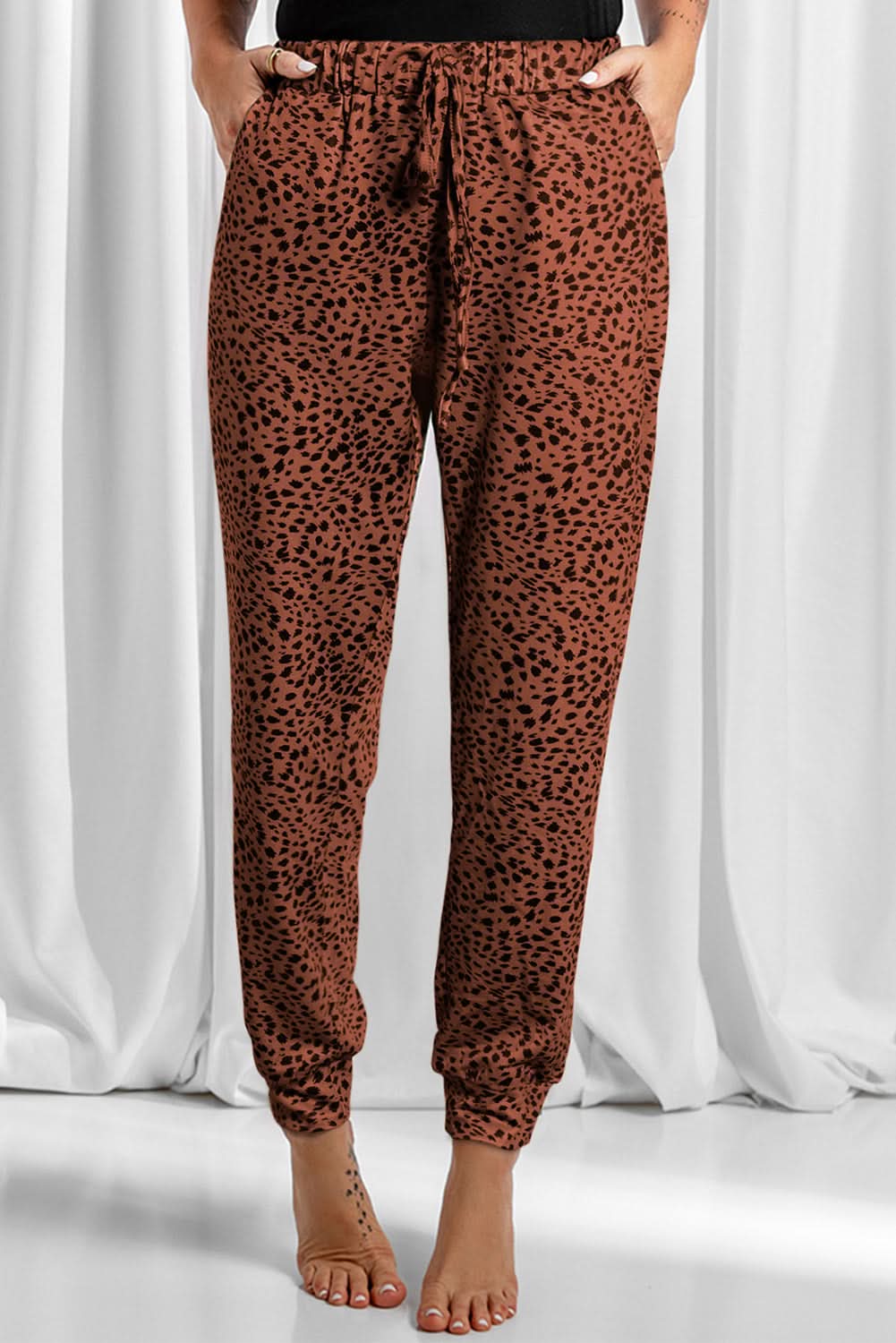 Full Size Leopard Drawstring Pocketed Pants Brown