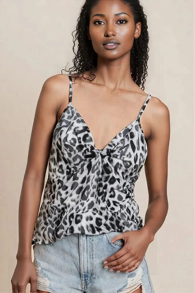 BiBi Leopard Printed Gauze Knit Twist Front Detailed Cami