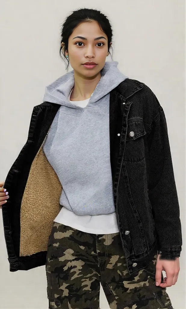 Button Up Collared Neck Long Sleeve Denim Jacket Black