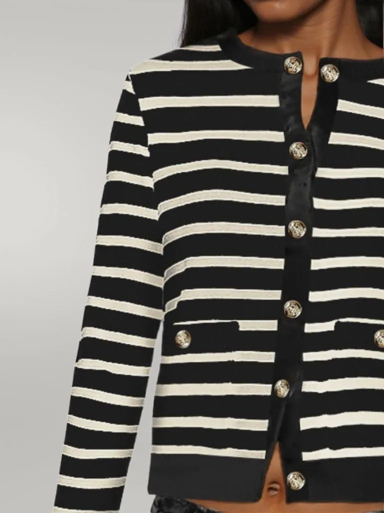 Striped Round Neck Button Up Long Sleeve Cardigan